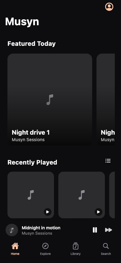 Musyn Home with a fictional music library