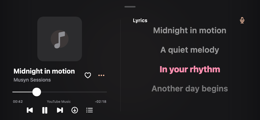Musyn landscape player with artwork beside synced lyrics