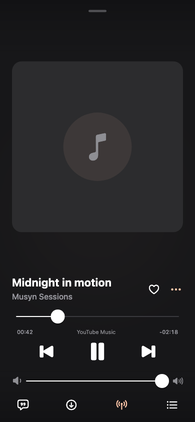 Musyn player with lyrics and playback controls